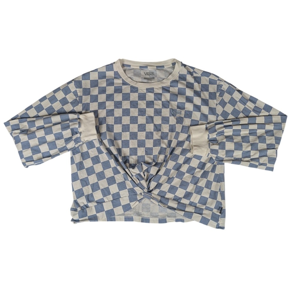 Vans Blue White Checkerboard Front Knot Long Sleeve Cropped Skater Shirt XL